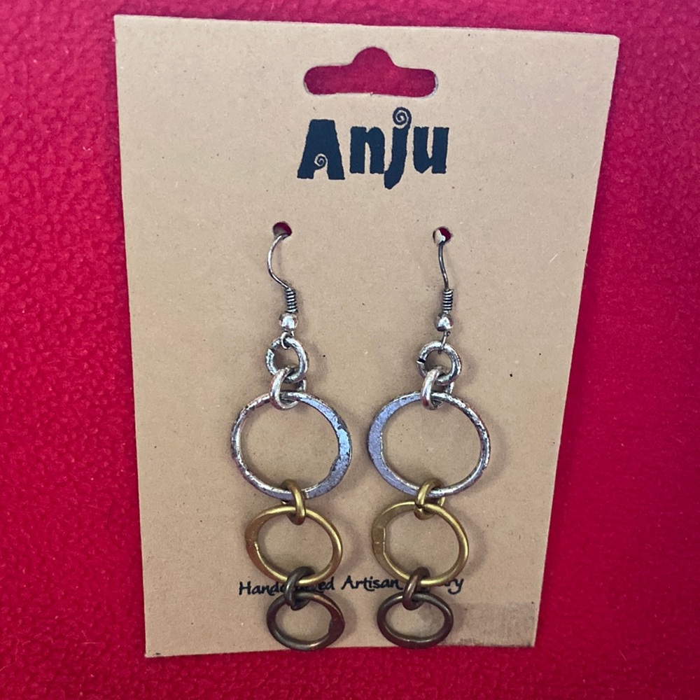 NWT Anju Banjara Collection Earrings 3 Hoops Artisan Handcrafted Tri-Metal